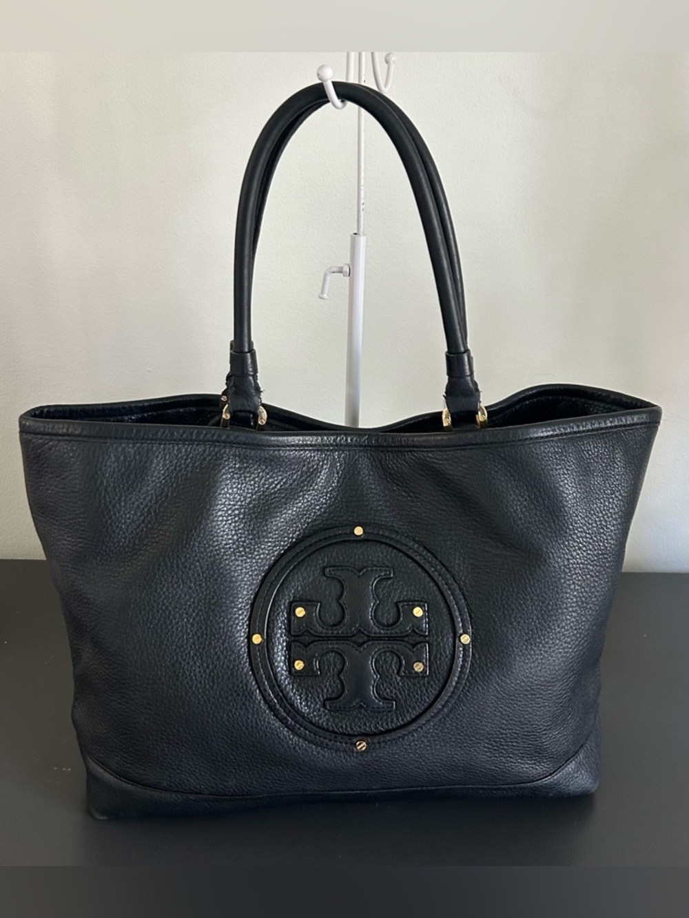Tory Burch Black Pebbled Leather Tote Bag Large Shoulder Bag Gold Hardware - Picture 3 of 12